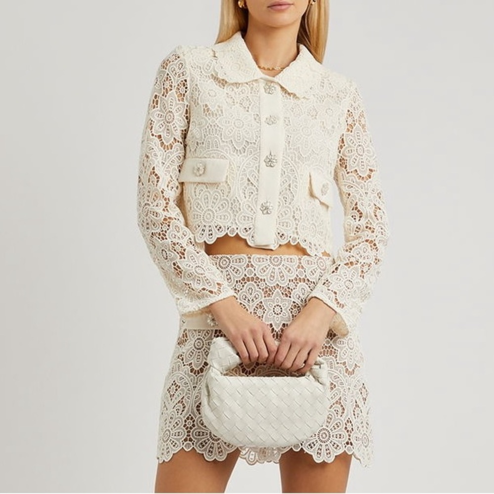 Self-Portrait Ivory Guipure Lace Crystal Button Jacket & Mini Skirt Set Size 2